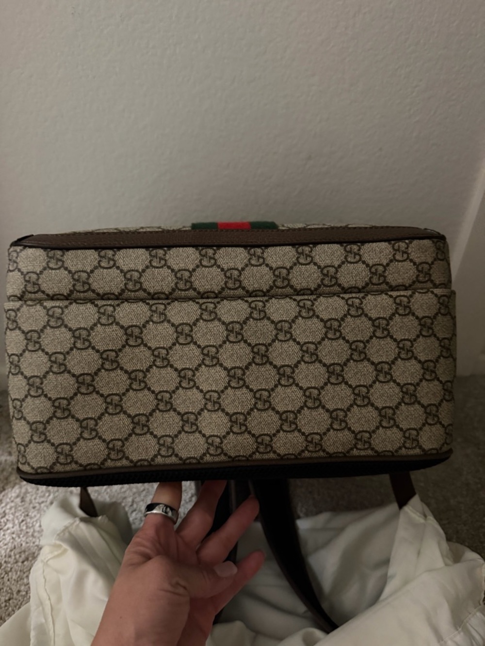 Gucci Beige GG Supreme Canvas Backpack with Red & Green Web and Brown Trim - Picture 9 of 11